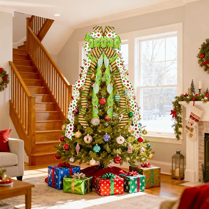 Christmas Tree Topper 48" x 13", Red Large Velvet Bow with Long Streamers, Wired Edge Decorative Bow for Wreath Door Holiday Party Festival Xmas Decoration Supplies-Green