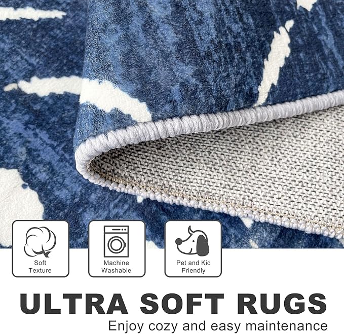 KILOCOCO Hallway Runner Rug 2.6'x8' Runners for Hallways Washable Runner Soft Non Slip Printed Geometric Low-Pile Rugs Runners for Bedroom Kitchen Living Room Boho Rugs, Blue