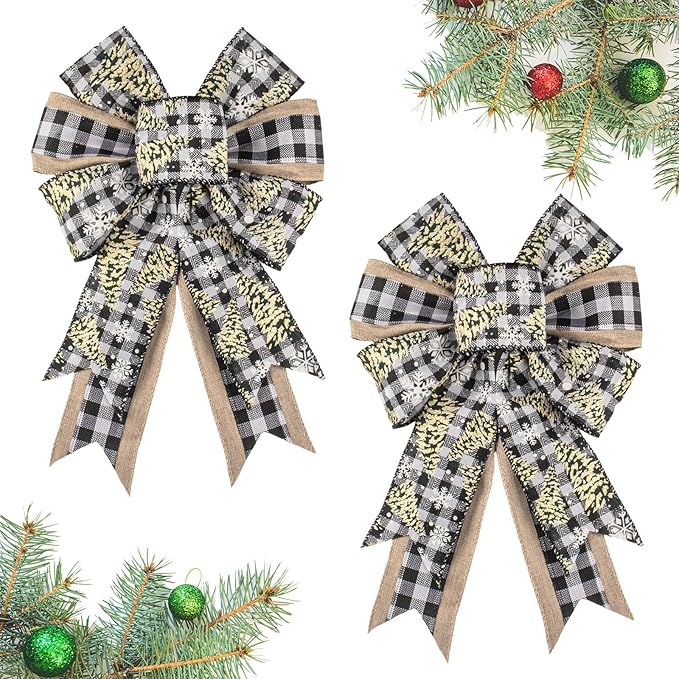 2 PCS Christmas Bow for Wreath, Christmas Wreath Bows for Front Door Wall Fence Decor Xmas Tree Plaid Bow for Holiday Party Home New Year Decoration