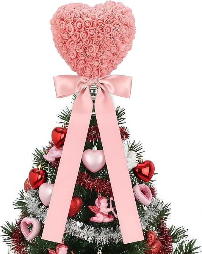 Soulchen Valentine Day Tree Topper 11.8 Inch Pink Heart Tree Topper with Bow Artificial Rose Flower Valentines Trees Ornaments for Valentine's Day Wedding Holiday Party Supplies