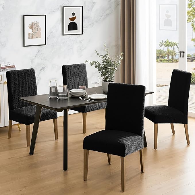 MOSAYT 100% Waterproof Dining Room Chair Covers Set of 4, Super Fit Stretch Jacquard Parson Chairs Slipcovers Removable Washable Chair Seat Protectors for Home, Kitchen, Banquet (Black - XL)
