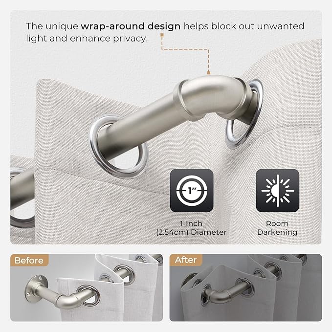 Zeerobee Curtain Rods for Windows 32 to 72, 1 Inch Industrial Wrap Around Curtain Rod, Indoor/Outdoor Room Divider Adjustable Drapery Pole, 32"-72", Brushed Nickel