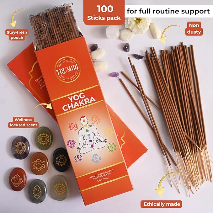 YOG Chakra Incense Sticks - Pack of 100 Insence-Sticks for Chakra Meditation - Made with Natural Raw Ingredients - Scented Inciensos Indian Spiritual Agarbatti Insense