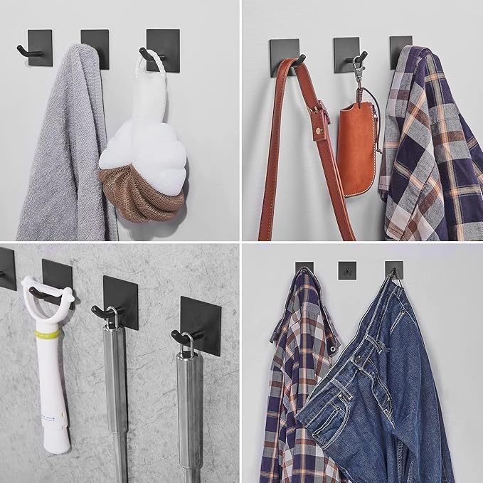 Heavy Duty Adhesive Hooks, Stick on Wall Adhesive Hangers, Strong Stainless Steel Holder, Self Adhesive Hooks for Kitchen Bathroom Home Door Towel Coat Key Robe 4 Packs Black