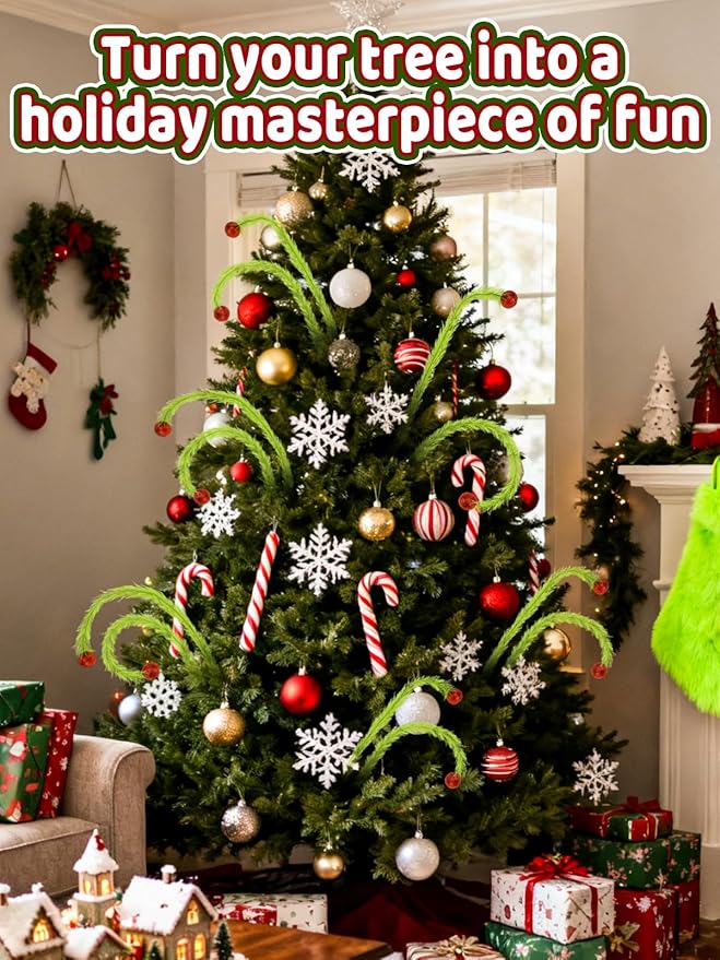 27" Elf Christmas Tree Topper - 6Pcs Lime Green Fluffy Curly Christmas Tree Picks Decorations Filler Ornaments with Glitter Red Balls, for Home Wreath Vase Holiday Party