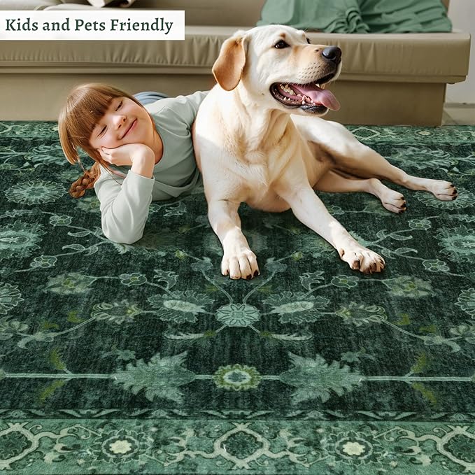 Tangsoo 5x7 Green Area Rug for Bedroom Living Room, Washable Vintage Floral Rug Non Slip,Low Pile Stain Resistance Distressed Retro Indoor Boho Carpet for Laundry Farmhouse Dinning Room Mat Home Decor