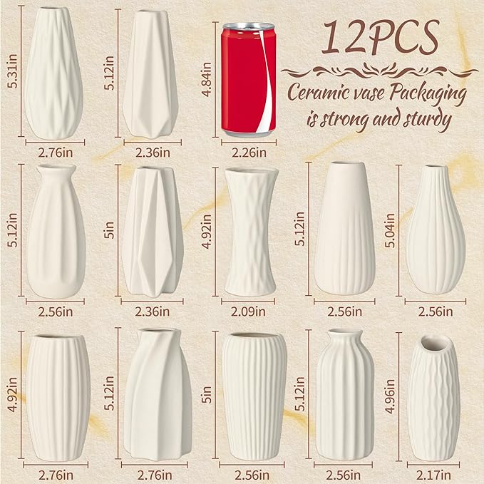 White Vase Set of 12, Small White Bulk Bud Vases for Pampas Grass for Wedding Table Centerpieces Decoration, Modern Boho for Rustic Vase.