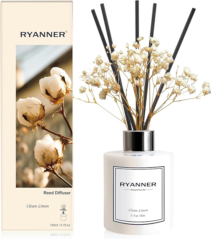 Reed Diffuser Set,5.1 fl oz Clean Linen Scent Diffuser with Sticks Home Fragrance Reed Diffuser with Essential Oil for Bathroom Shelf Decor&Air Freshener,Home Bathroom Office Decor & Gifts