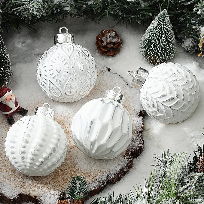 White and Silver Rustic Christmas Ball Ornaments, 3.15 inches Vintage Christmas Tree Decorations, 12 PCS Large Shatterproof Neutral Farmhouse Luxury Ornaments for Xmas Tree, Home Decor
