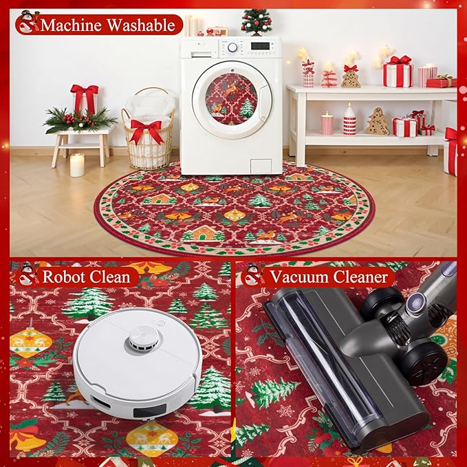HEBE 4Ft Round Christmas Area Rug, Non Slip Farmhouse Round Rug for Living Room, Washable Soft Circle Rugs for Bedroom Christmas Round Floor Carpet for Dining Room Xmas Holiday Decor