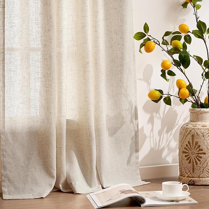 jinchan Ecru Natural Linen Blend Curtains 90 Inches Length for Living Room Divider Sliding Door Farmhouse Rod Pocket Back Tab Light Filtering Drapes Lightweight Curtains for Bedroom 4 Panels