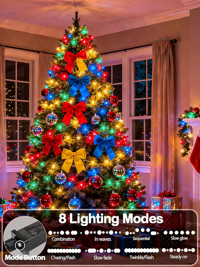 33 FT 100 LED Christmas Decoration Indoor Outdoor, Connetable Green Wire Waterproof Mini Lights with Memory Function & Timer & 8 Modes for Xmas Tree Birthday Wedding Garden Party Decor (Multicolor)