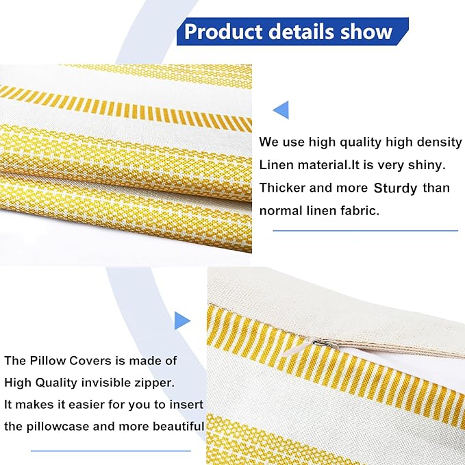 Decorative Throw Pillow Covers Set of 2 Chrome Yellow Boho Striped Pillow Covers 22x22 Inch Throw Pillow Cover Linen Pillowcase Farmhouse Outdoor Pillow Covers for Couch Sofa Living Room