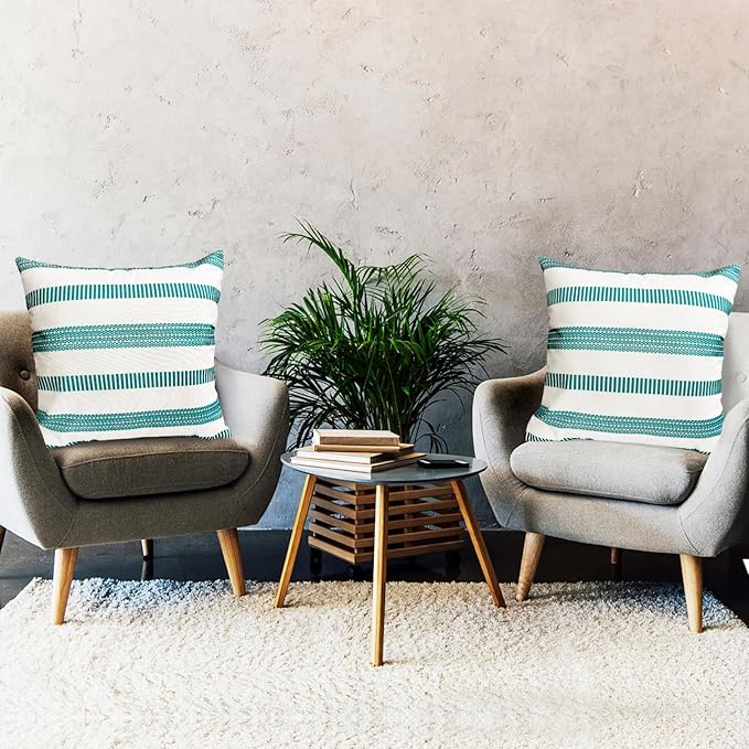 Decorative Throw Pillow Covers Set of 2 Teal Blue Boho Striped Pillow Covers 22x22 Inch Throw Pillow Cover Linen Pillowcase Farmhouse Outdoor Pillow Covers for Couch Sofa Bed Living Room