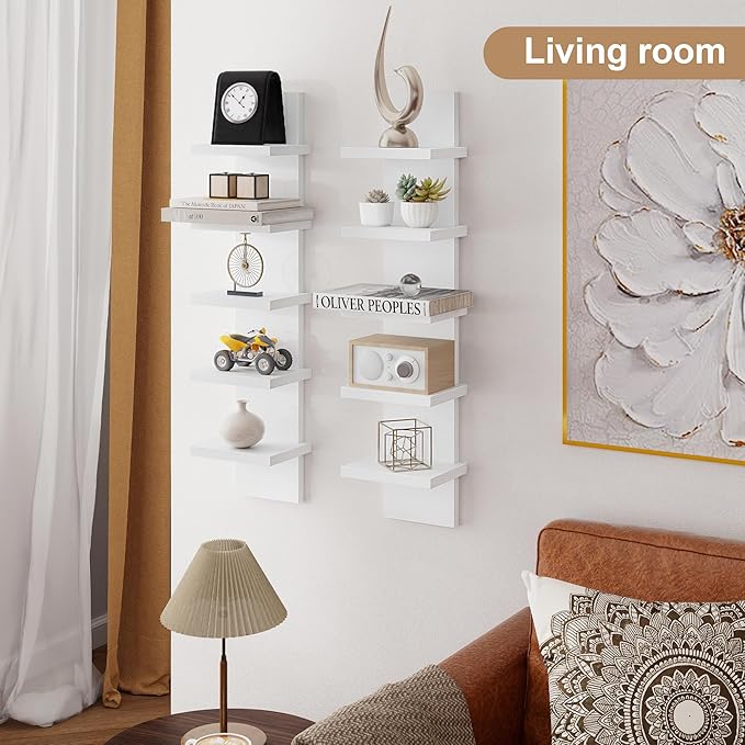5 Tier Wall Shelf Unit, Decorative Wall Mount Vertical Shelving, Floating Storage Home Decor Organizer Tall Tower Design Utility Shelving Bedroom Living Room, Modern White 2Pack