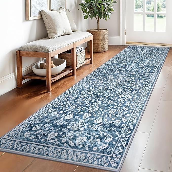 Vintage 2.6x8 Hallway Runner, Blue and White Washable Non-Slip Hallway Carpet, Super Soft Kitchen Runner Rug, Print Faux Wool Floral Thin Carpet for Indoor & Bedside