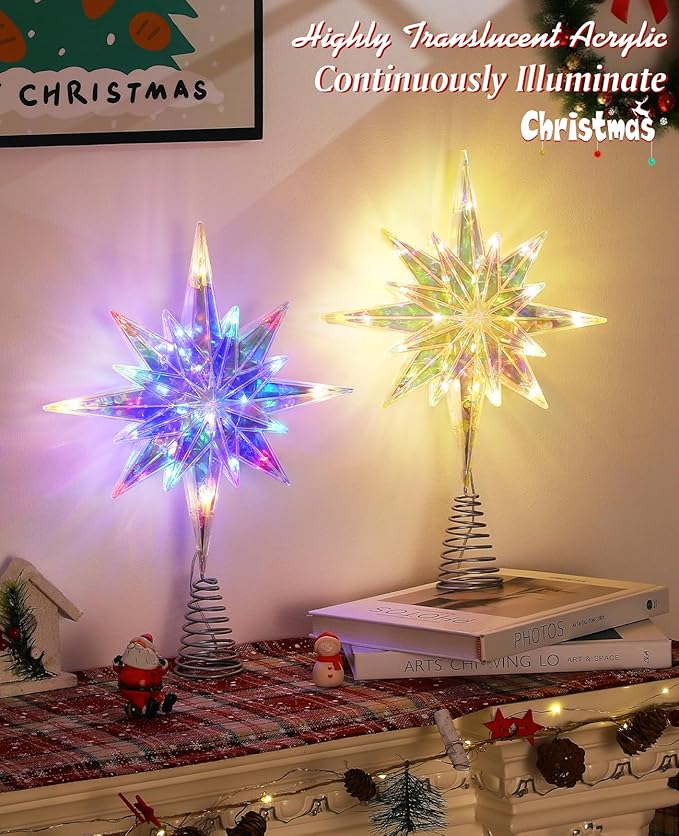 Luxspire Christmas Tree Topper, Lighted Star Tree Topper with USB Plug-in & Remote Control, 11" LED Acrylic Christmas Decorations Light, Xmas Trees Ornament for Home Party, Bethlehem Star-Warm Light