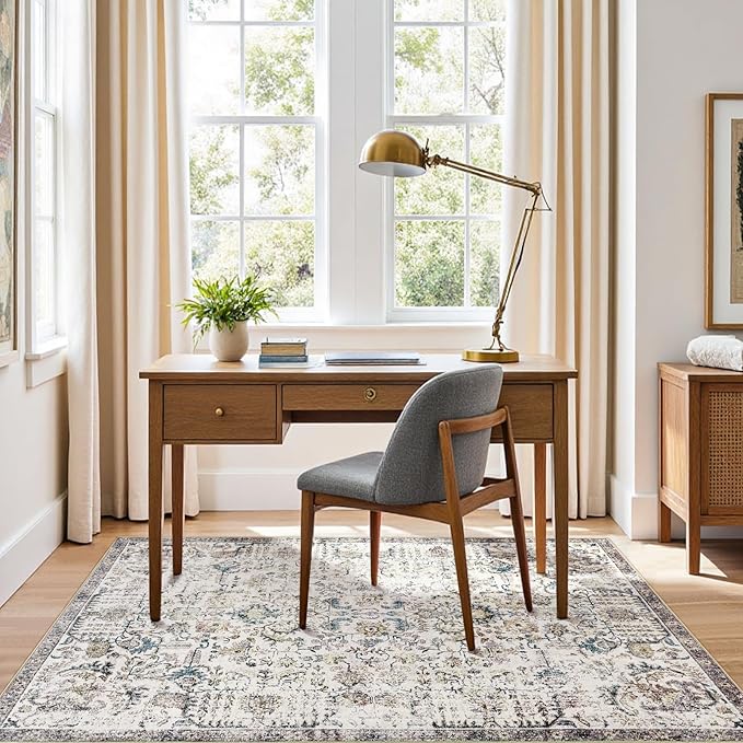 jinchan Kalen Area Rug 4x6 Washable Bedroom Rug Vintage Indoor Thin Floor Cover Retro Distressed Floral Country Boho Lightweight Non Slip Carpet for Kitchen Living Room Dining Room Office Blue
