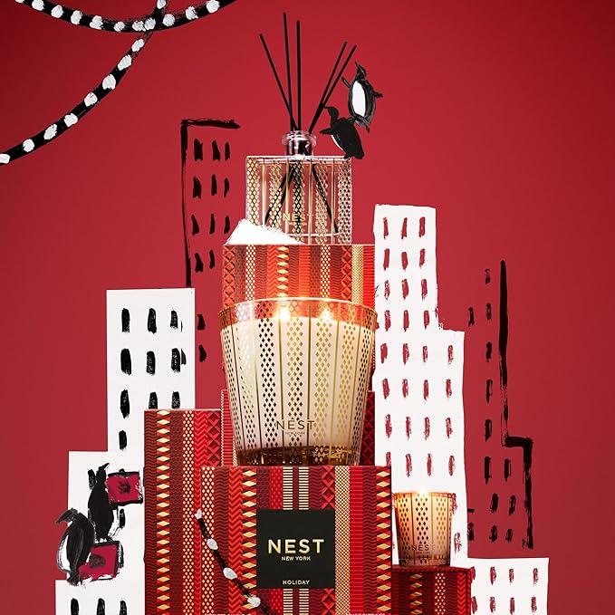 NEST New York Christmas Reed Diffuser, Holiday - 5.9 fl oz - Fragrance for Up to 90 Days - Reusable, Refillable Glass Holder - Includes 8 All-Natural Reed Sticks - Flame Free