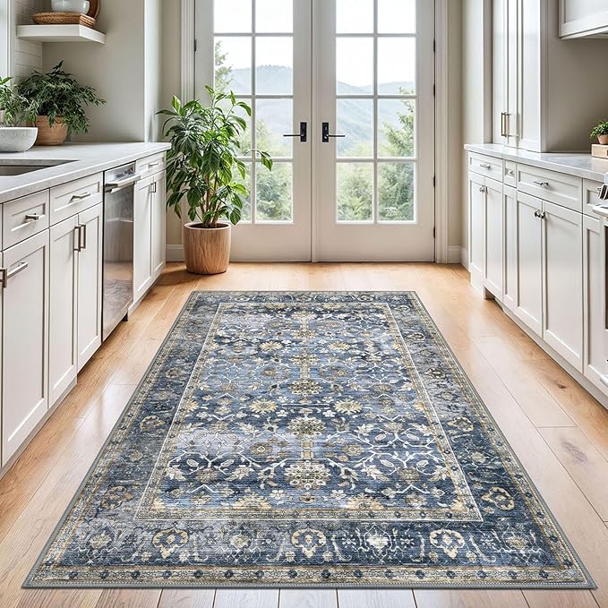 KUTA Vintage Area Rug 4x6 Washable Rug Blue Grey Beige Traditional Floor Cover Foldable Ultra Thin Soft Retro Accent Indoor Distressed Non Slip Carpet Floral Print Mat Bedroom Living Room Dorm Office