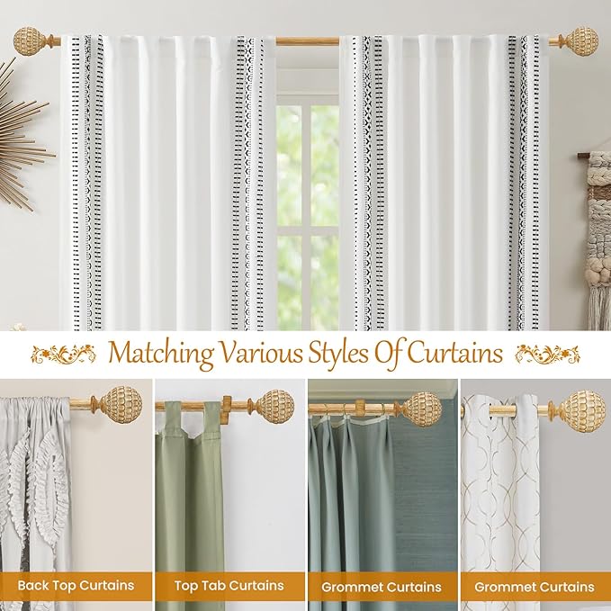 Wood Curtain Rod for Windows 48 to 84 inch, 1-inch Heavy-Duty Adjustable Curtain Rod with Decorative Pinecone finials for Farmhouse Living room, Bedroom, Dining room