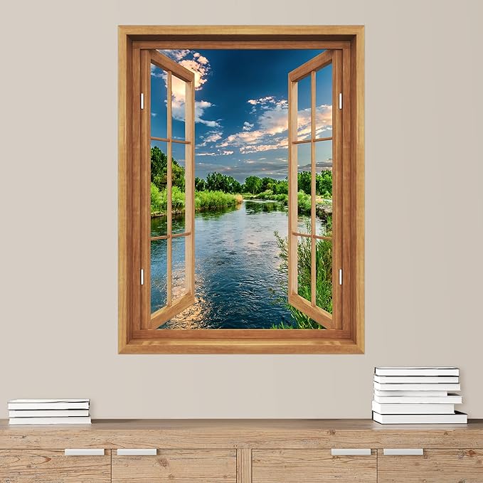 SIGNWIN Removable Wall Sticker/Wall Mural Window View Cloudy Green Forest Tree Lake Nature Wilderness Photography Realism Decorative Landscape Digital Art for Living Room, Bedroom, Office - 24"x32"