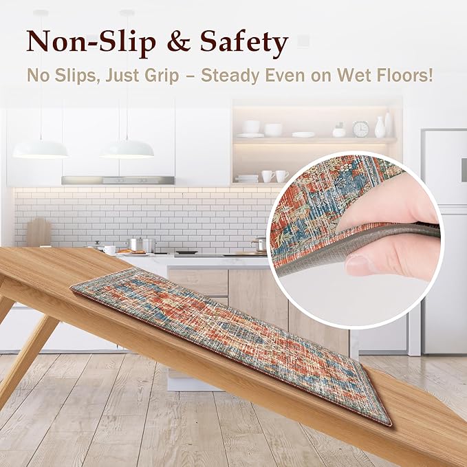 Boho Kitchen Mats for Floor 2 Piece Set Anti Fatigue Cushioned PVC Kitchen Rugs Non Slip Waterproof Farmhouse Mats 2/5 Inch Comfort Standing Mat for Sink, Laundry, 17.3"x59"+17.3"x28", Retro Red