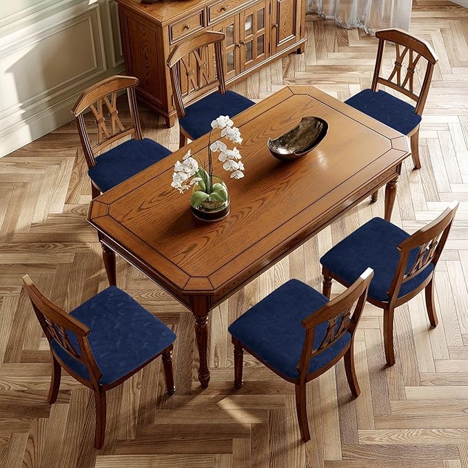 Waterproof Chair Seat Cover for Dining Room-Stretchy Washable Chair Seat Covers Set of 6-Kitchen Chair Seat Slipcovers Protector for Home Restaurant Banquet (Navy Blue,Large)