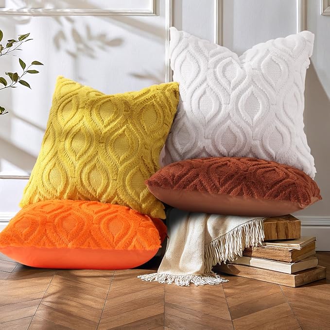 decorUhome Throw Pillow Covers 22x22 Inch Set of 2, Soft Plush Faux Wool Cream Beige Solid Couch Pillow Covers, Accent Farmhouse Neutral Square Pillow Cases for Sofa Bed Living Room