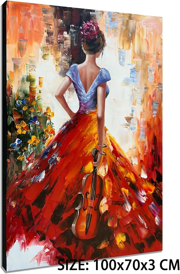 zoinart Hand Painted Abstract Vertical Canvas Wall Art 28x40 Inches Musical Girl Modern 3D Wall Paintings Framed Contemporary Art for Home Decorations Wall Decor Ready to Hang
