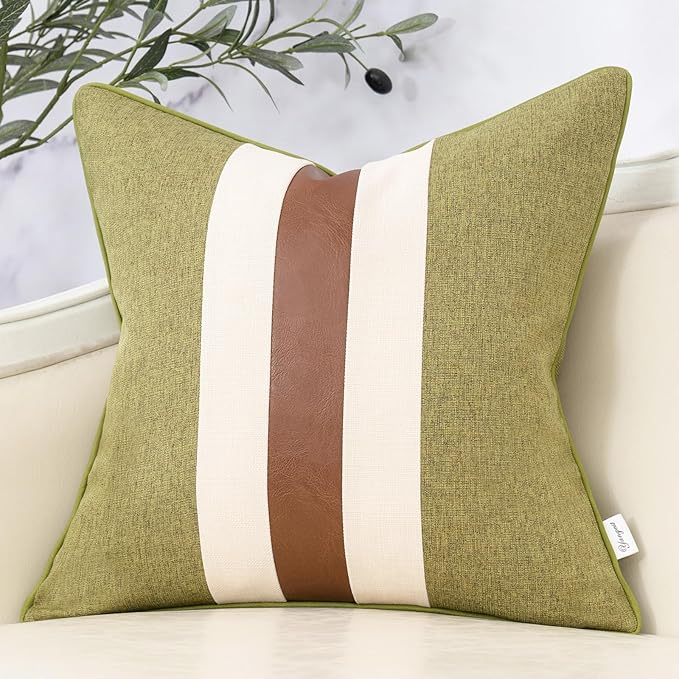 Yangest Patchwork Pillow Cover 20x20 Inch Luxury Cotton and Linen Cushion Cover Faux Leather Pillowcover for Couch Bedroom Living Room, Green