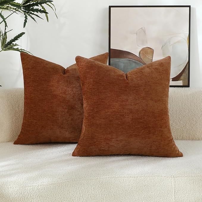 Terracotta Chenille Decorative Couch Throw Pillow Covers, Soft Cushion Cases for Home Livingroom Sofa Décor, Pack of 2, 14 x 14 Inches