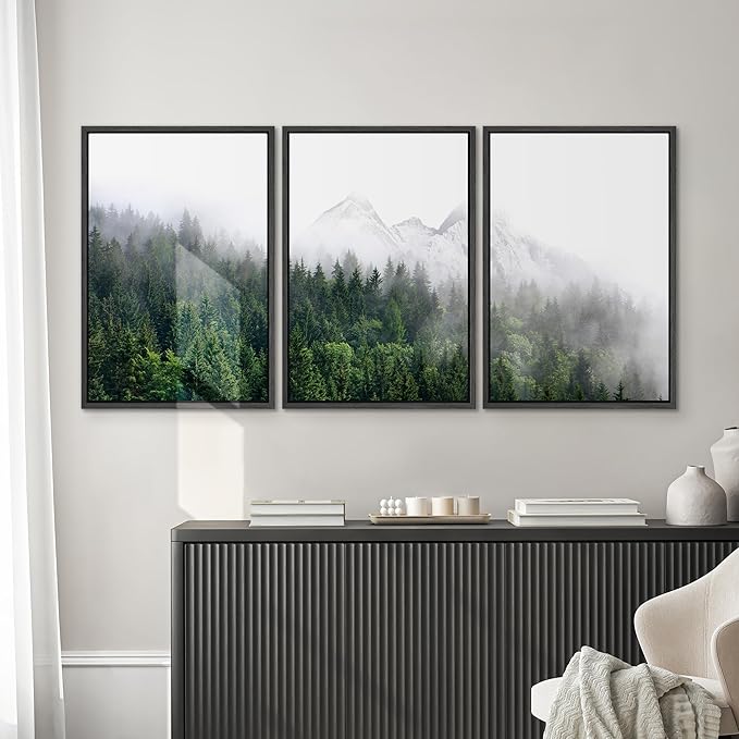 SIGNWIN Framed Canvas Print Wall Art Set Winter Mountain Misty Forest View Nature Wilderness Photography Modern Art Rustic Landscape Relax/Calm for Living Room, Bedroom, Office - 16"x24"x3 Black