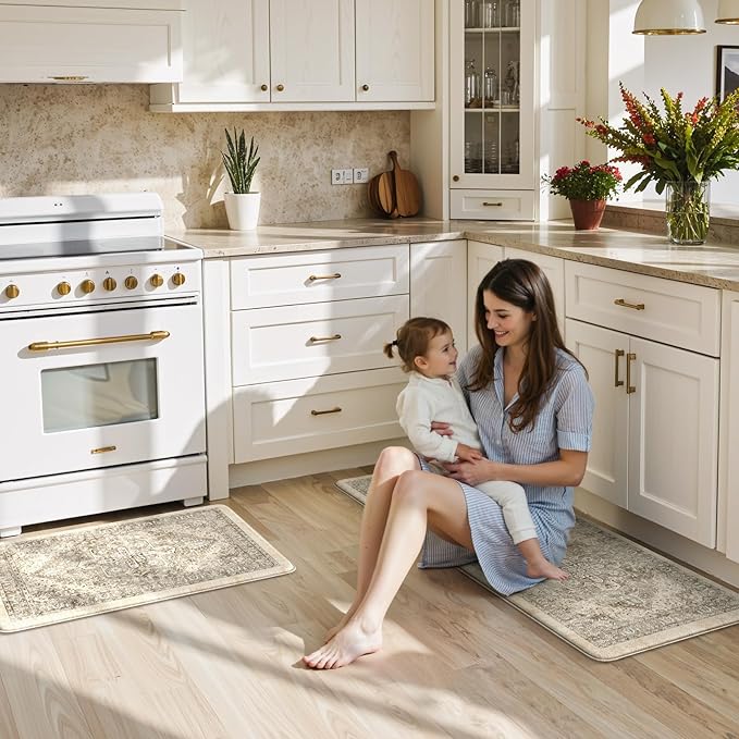 KIMODE Anti Fatigue Kitchen Mats 2 PCS 17"x47"+17"x29.5", Boho Kitchen Rugs and Mats, Non Slip Cushioned Kitchen Mats for Floor, Waterproof Kitchen Floor Mats for Laundry, Office, Sink, Khaki