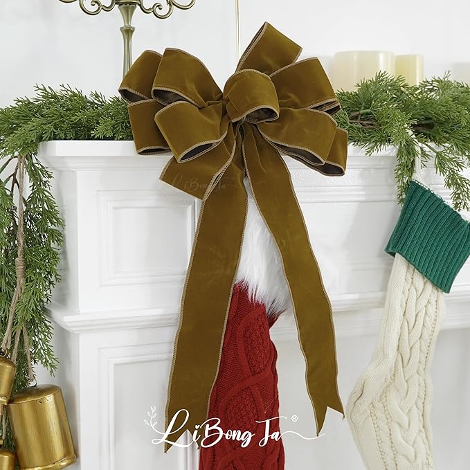 13" Khaki Pre-Tied Velvet Bow for Christmas Tree, Rustic Bow for Wreaths, Wedding, Premade Bows with Twist Tie, Tree Toppers Bows for Party Favor, Christmas Home Indoor Outdoor Decor-1 PCs