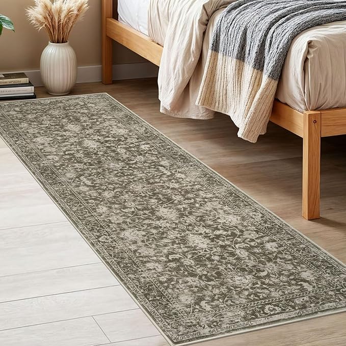 KILOCOCO Hallway Runner 2x6 Rug Runner Printed Vintage Floral Washable Kitchen Runners Non-Slip Rubber Backed Runners for Hallways Laundry Room Distressed Boho Rugs for Entryway Bedroom, Taupe/Green