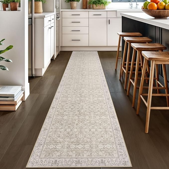 2x10 Washable Runner Rug for Kitchen, Cream Beige White Grey Soft Classic Runner with Non-Slip, Non-Shedding Distressed Floral Rug for Hallways Entryway Bedroom Laundry Indoor
