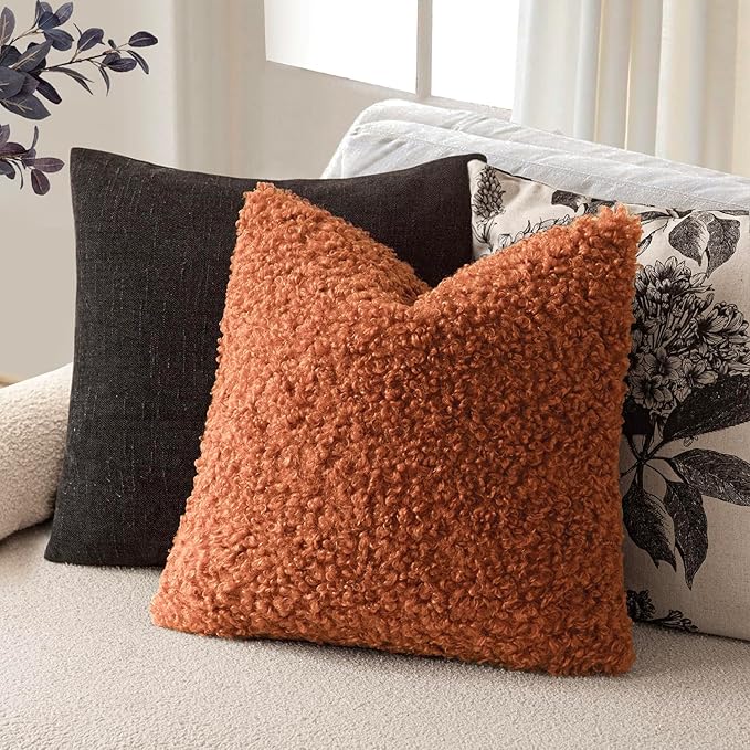 Foindtower 2 Pieces 16x16 Inch Burnt Orange, Faux Fur Throw Pillow Cover Accent Sherpa Furry Pillow Cover Fuzzy Soft Pillowcases Cozy Sheepskin Decorative Fleece Cushion Case for Bed Couch Living Room