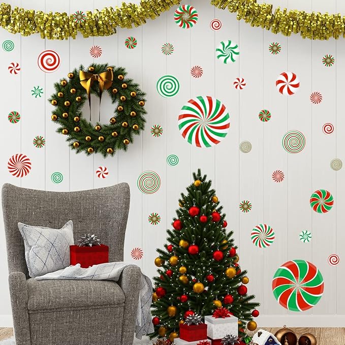 54 Pcs Christmas Candy Wall Decals Decorations Christmas Wall Stickers Peppermint Candy Floor Decals for Xmas Candyland Party Decorations
