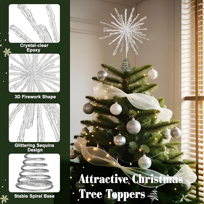 Lewondr Christmas Tree Topper, 12.2'' Glittered Epoxy Firework Xmas Tree Topper with 30 LED Bulbs, 6 Hrs Timer and 8 Modes USB Remote Control, Christmas Treetop Decor for Home Holiday, Silver