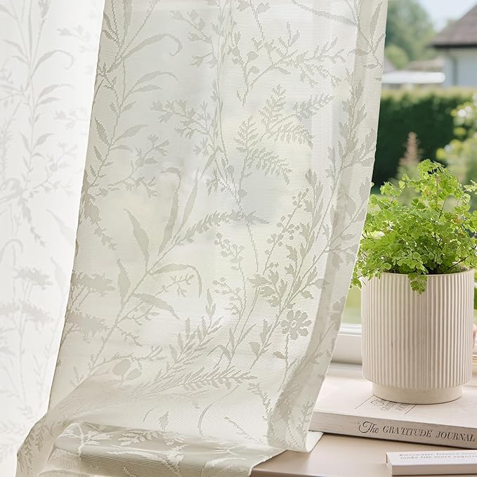 Anmao Beige Semi Sheer Light Filtering Curtains 102 Inches Long 2 Panels, Leaf Pattern Drapes for Living Room Bedroom, Rod Pocket Sheer Window Treatments with Floral Design, 52x102 Inch