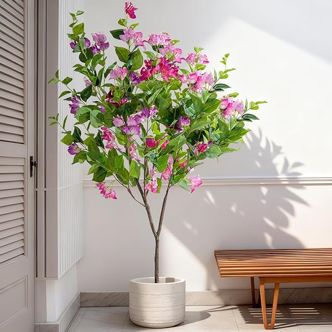 4FT Artificial Bougainvillea Tree Artificial Tree Tall Potted Fake Bougainvillea Trees for Outdoor Indoor Lifelike Potted Faux Plants with Wood Trunk and Flowers Office Wedding Home Decor