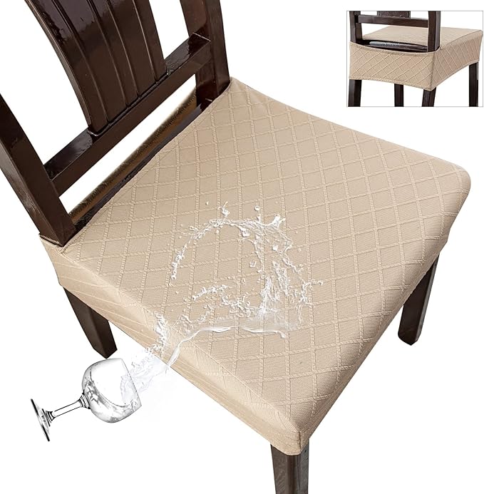 Genina Waterproof Seat Covers for Chairs,Set of 6 Dining Room Chair Seat Covers for Kitchen,Stretch Jacquard Removable Washable Dining Chair Slipcovers Protectors,No Rear Covers, Khaki