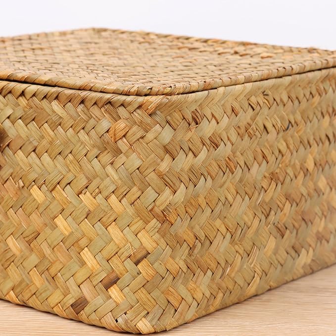 Wicker Shelf Baskets with Lid, Handwoven Seagrass Storage Basket Bins Square Gift Boxes for Shelves Home Decor Organizer (Natural, X-Small)