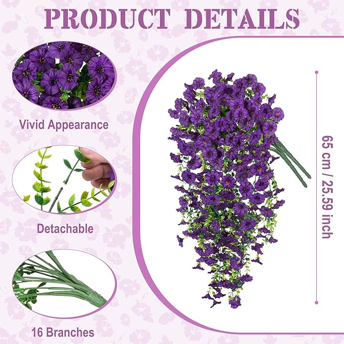 Artificial Hanging Flowers for Outdoor, 2pcs Fake Plants Long Vine Morning Glory Eucalyptus, UV Resistant Realistic Faux Greenery Indoor Outside Patio Porch Garden Spring Summer Decor, Dark Purple