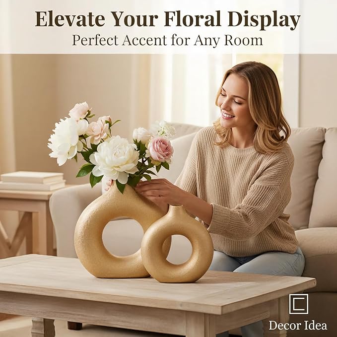 Modern Donut-Shaped Decorative Vases, Handmade Minimalist Boho ins Style, Modern Vase for Home Decor for Wedding Dinner Table Party Living Room Office Bedroom (Gold, Exra Large)
