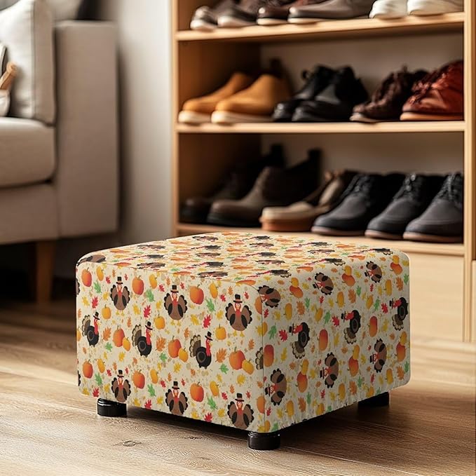 Thanksgiving Turkey Ottoman Cover - Non-Slip Elastic Rectangular Slipcover, Easy Care Furniture Protector for Holiday Gatherings, 33x30x15 Inch