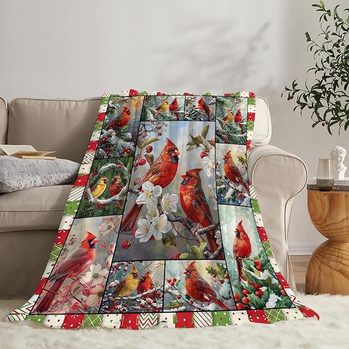 Red Birds Blanket Christmas Bird Throw Blankets Plush Cozy Flannel Fleece Ultra Soft Fuzzy Flower Party Blanket Gifts for Girls Women Men Boys Kids Bed 50"X40"