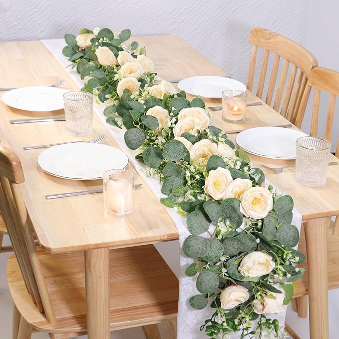 TOCHGREEN 2 Pack 12Ft Artificial Eucalyptus Flower Garland with Champagne Roses, Fake Rose Flower Greenery Garland Floral Vines for Wedding Home Party Table Runner Decor (2PCS, Champagne)