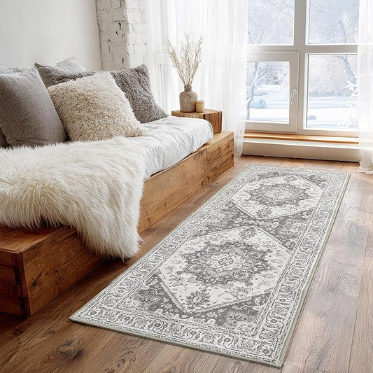 XWZO Runner Rug 2x6ft, Washable Hallway Runner with Non-Slip Backing, Vintage Spill Stain Resistant Floor Mat for Entryway Corridor Bedroom Kitchen, Soft Low-Pile Area Carpet, Grey